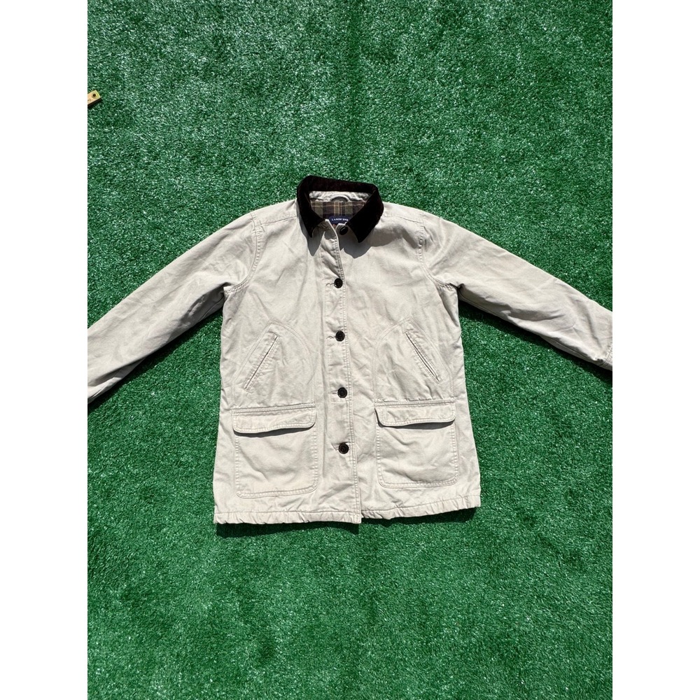 Lands End Mens Tan Canvas Barn Coat Corduroy Collar‎ Plaid Lined Field Jacket M